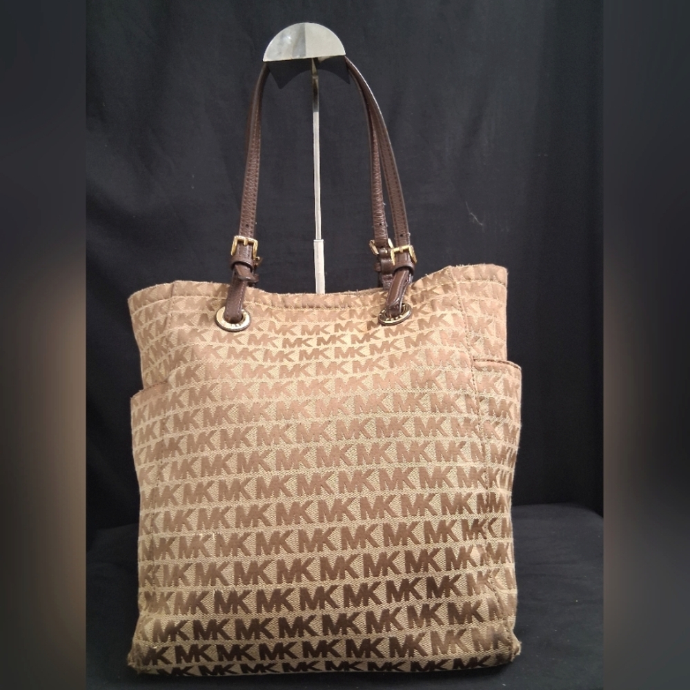Michael Kors North South Jet Set Tote Bag Large Tan and Mocha Canvas Logo